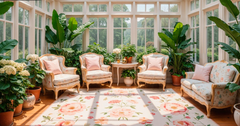 custom sunroom featuring complementary flooring, trim, furniture, and natural light